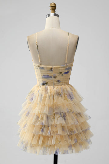 Yellow A Line Halter Tiered Short Tulle Graduation Dress